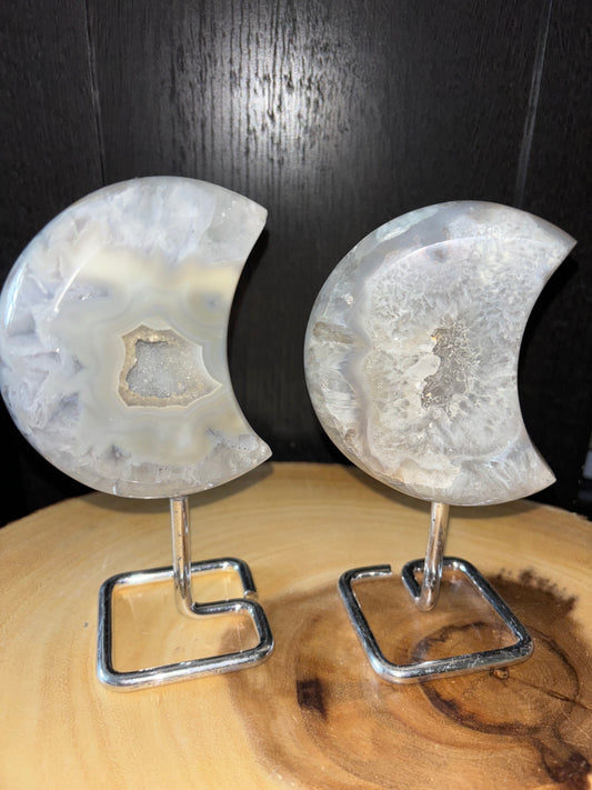 Druzy agate moons on metal stand