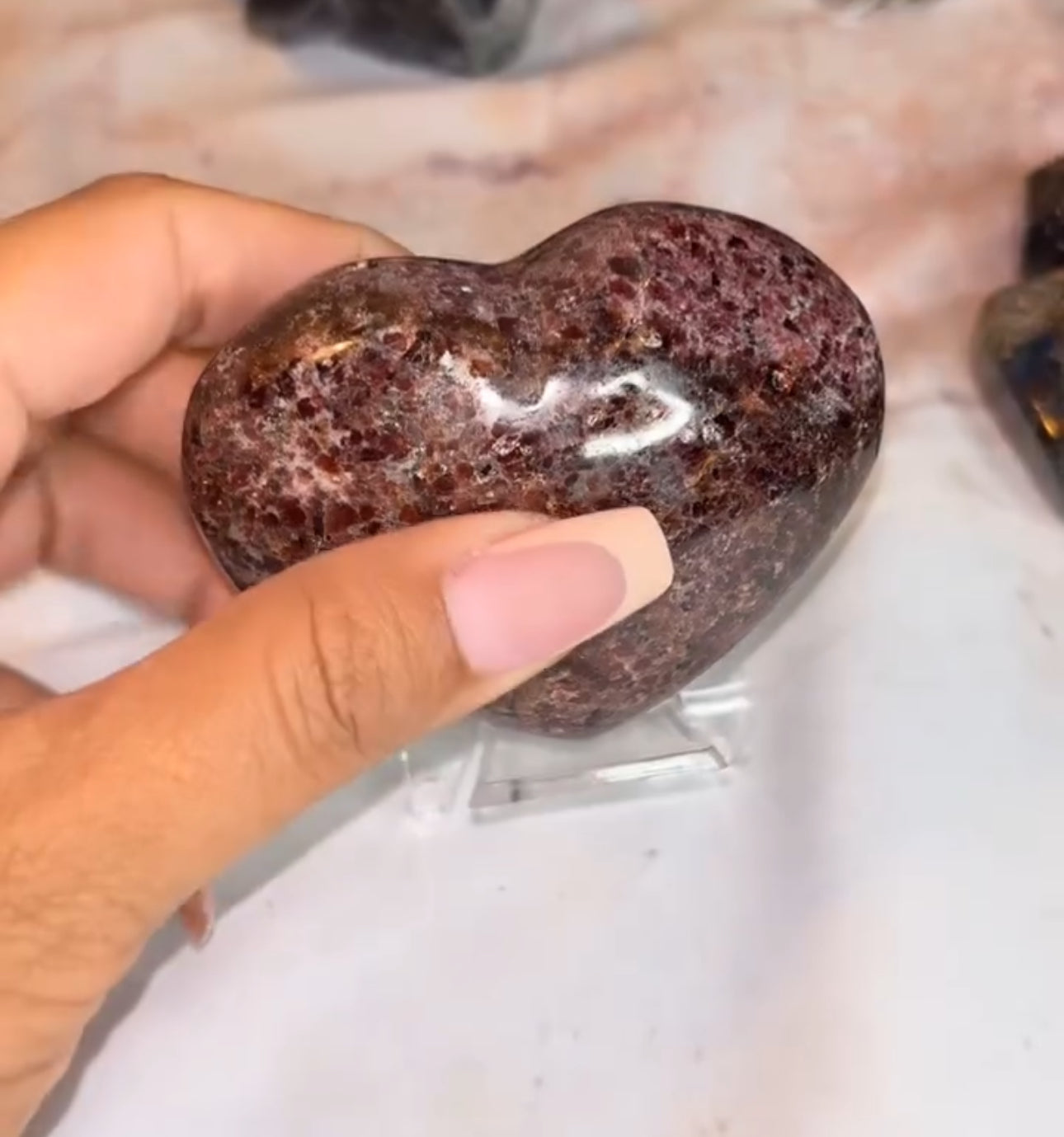 Garnet heart on stand approx