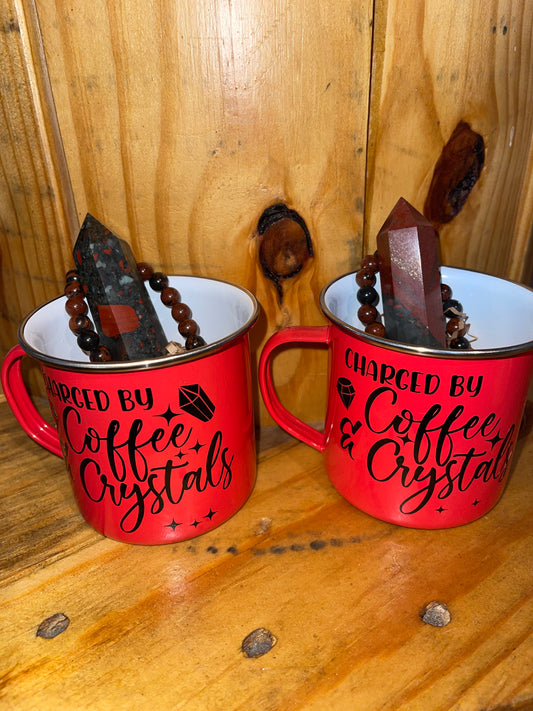Coffee mug “charged by coffee and crystals”